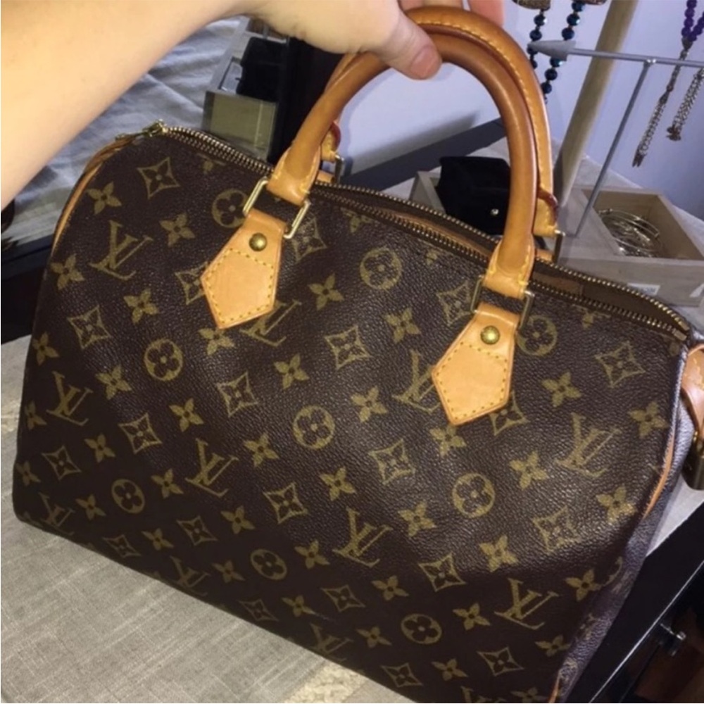 Louis Vuitton Brown Monogram Canvas Speedy Satchel with Tan Leather Trim